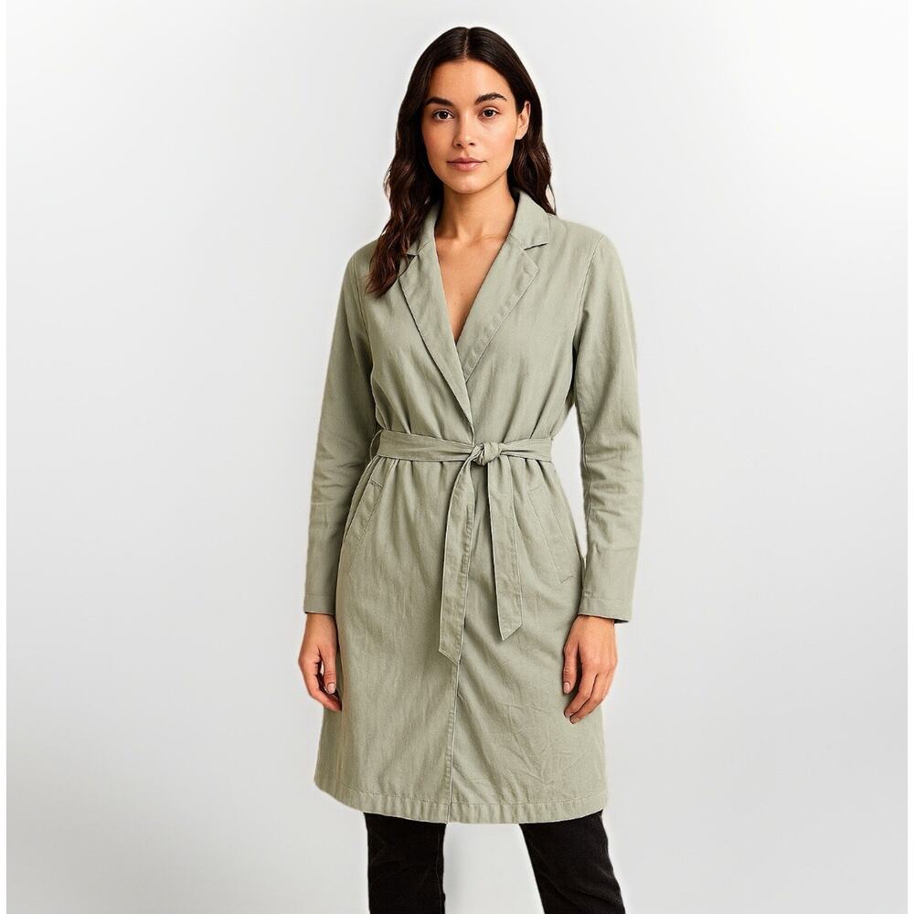 H&M Modal Lightweight Trench Coat Sz M Green Tie Waist Wrap Long Length Unlined